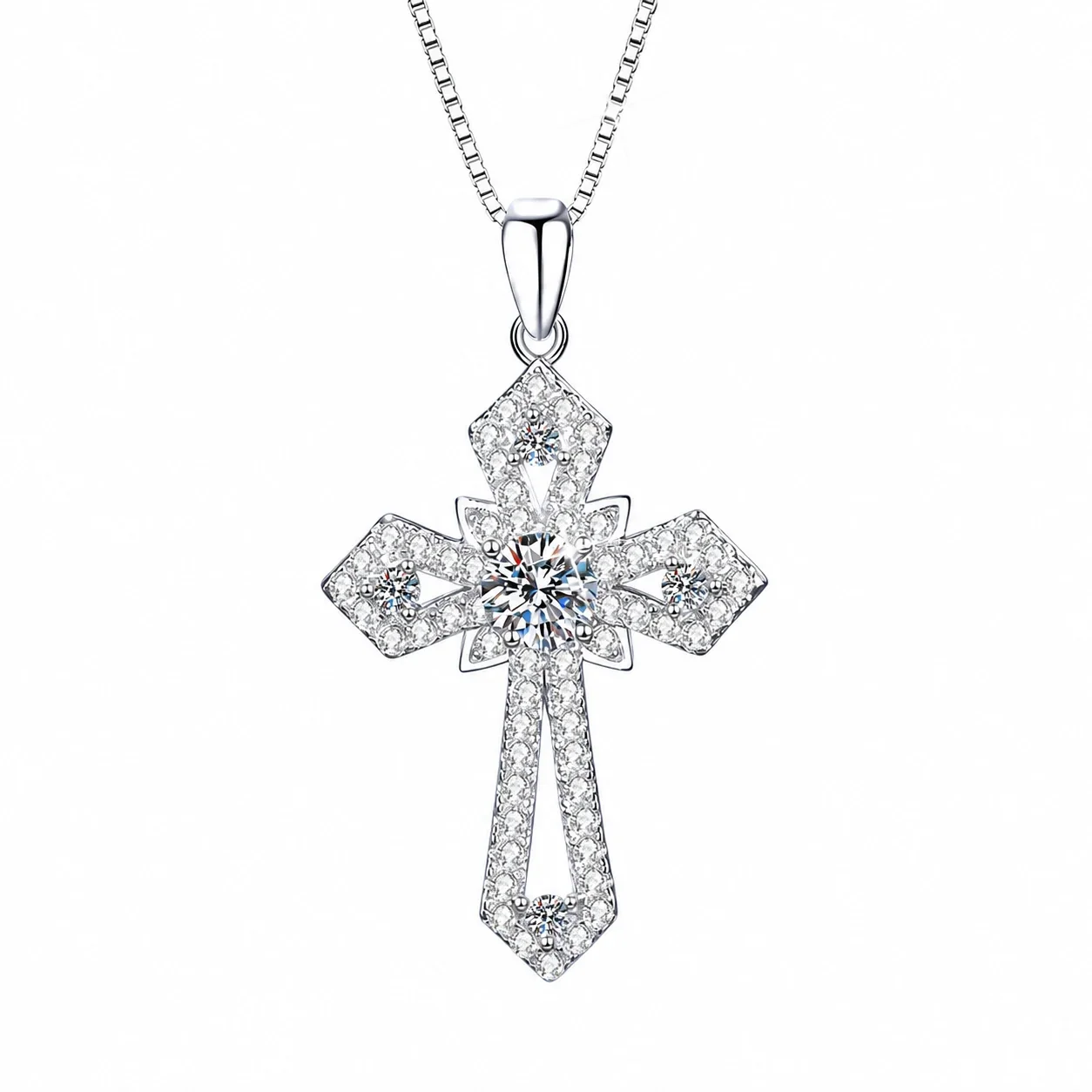 Ornate Pavé Cross 925 Sterling Silver Moissanite Necklace