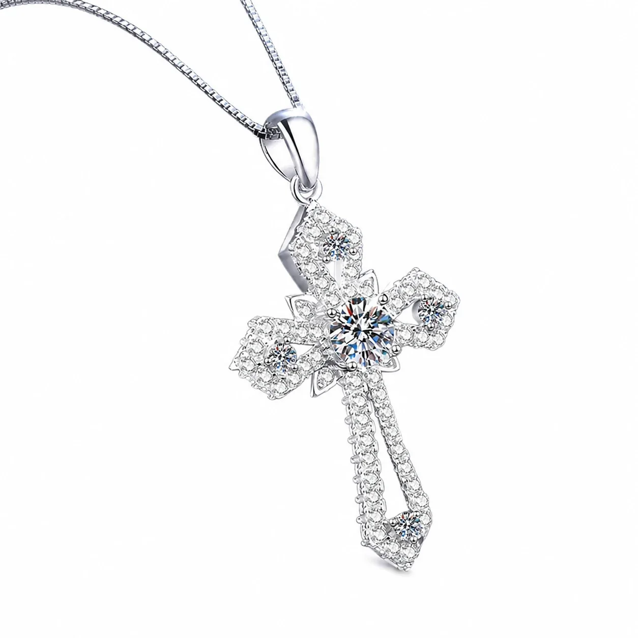Ornate Pavé Cross 925 Sterling Silver Moissanite Necklace