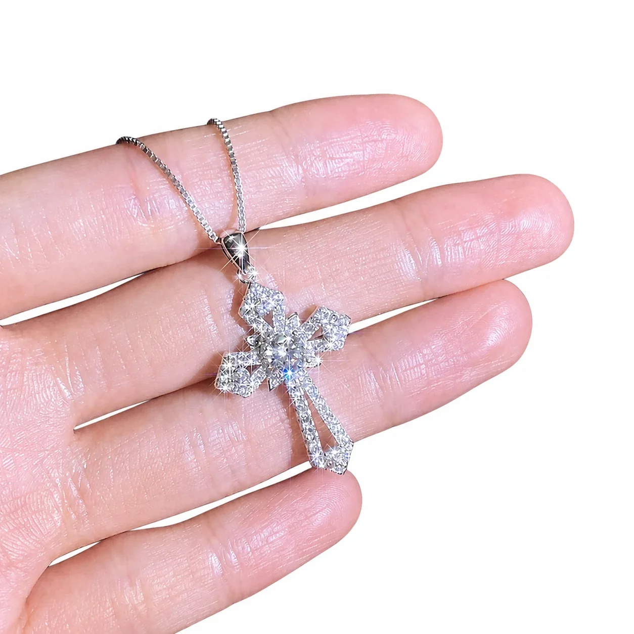 Ornate Pavé Cross 925 Sterling Silver Moissanite Necklace