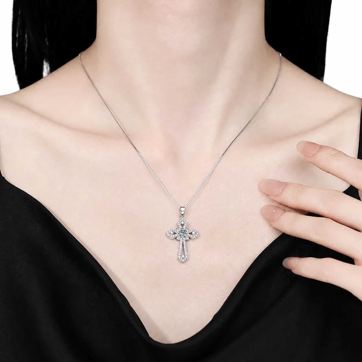 Ornate Pavé Cross 925 Sterling Silver Moissanite Necklace