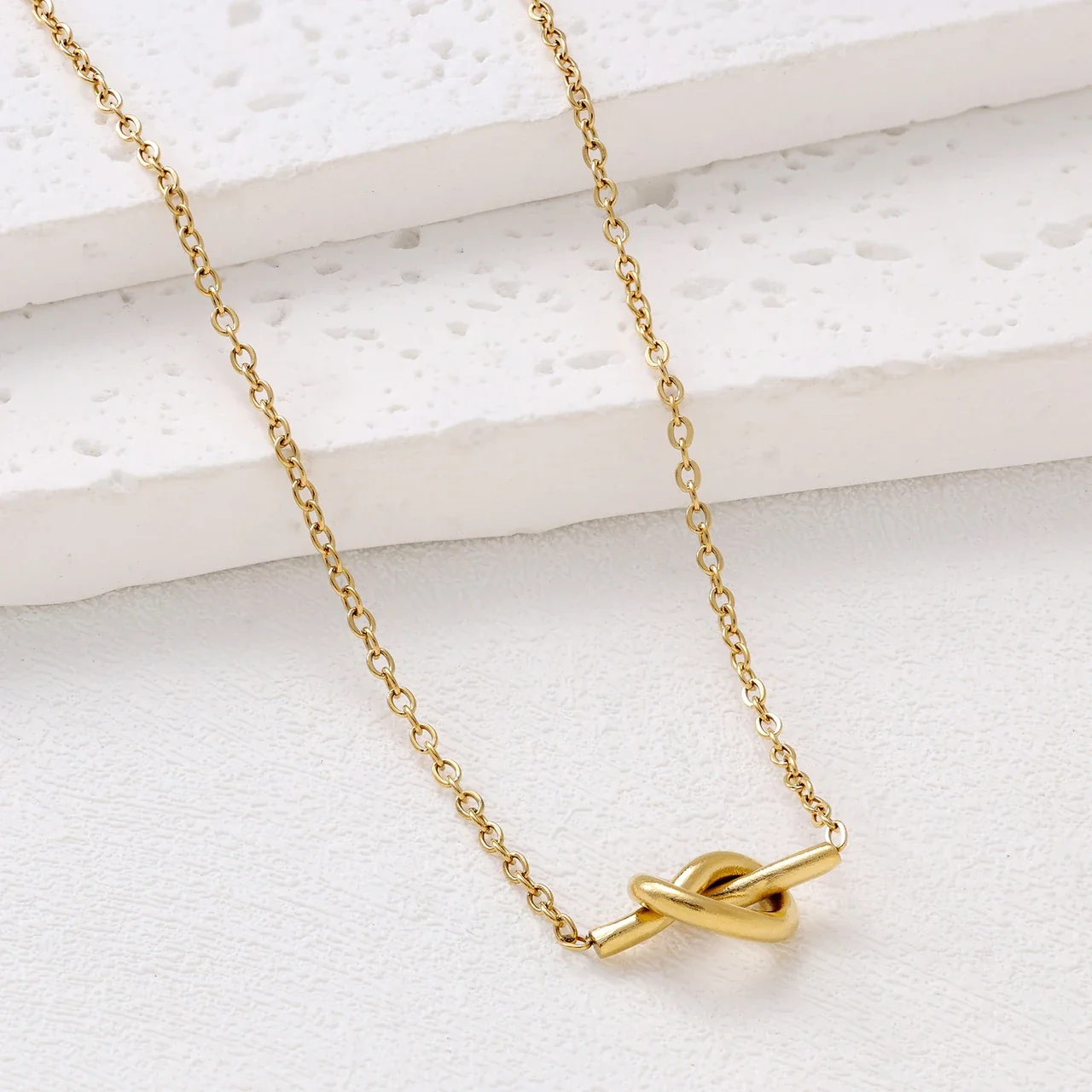 Sculptural Stainless Steel Knot Open-Cuff Jewelry Set - Necklace · Gold