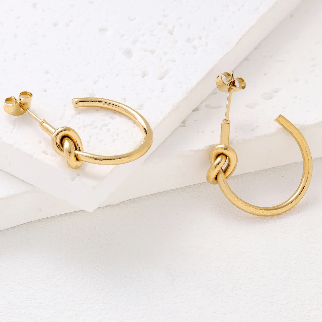 Sculptural Stainless Steel Knot Open-Cuff Jewelry Set - Earrings · Gold