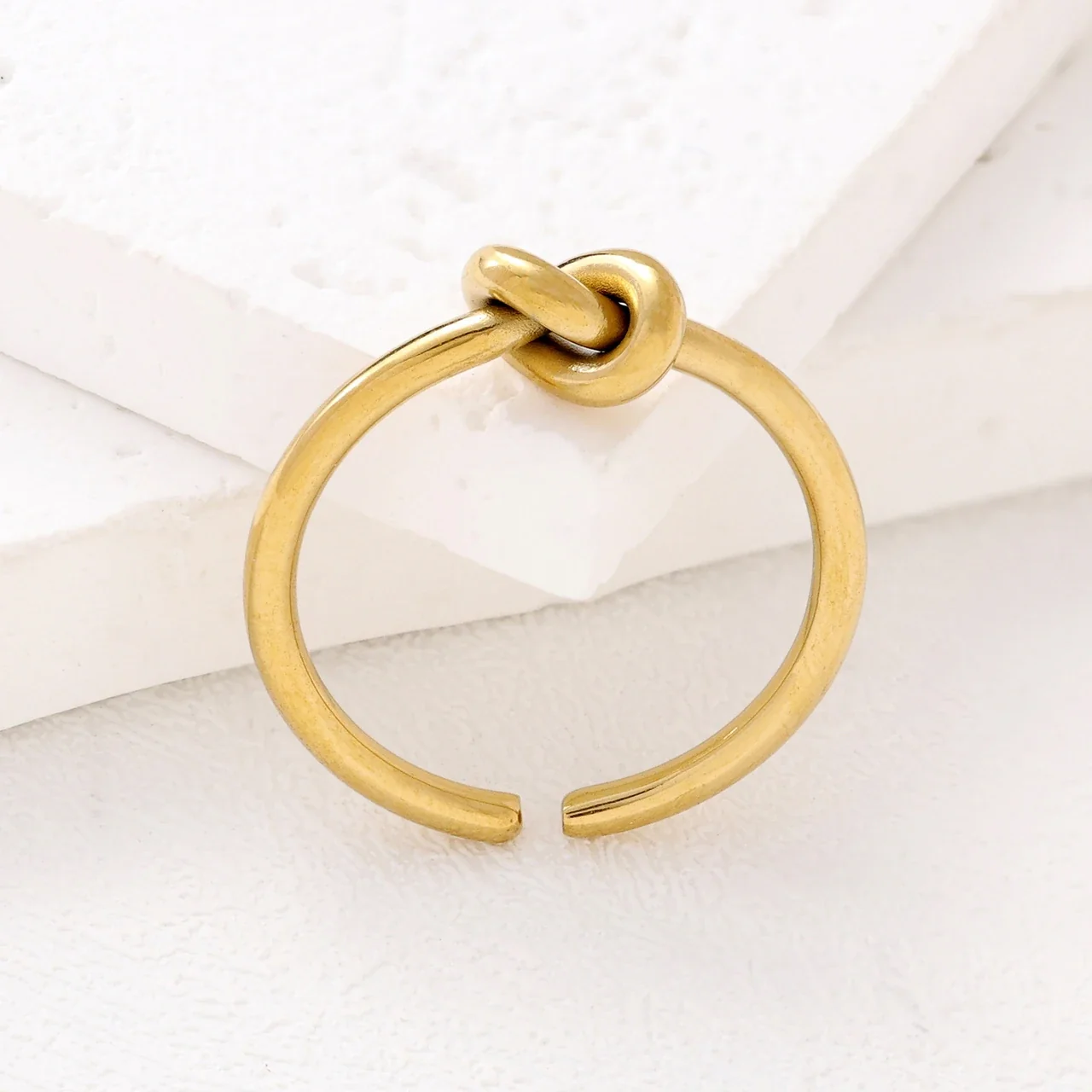 Sculptural Stainless Steel Knot Open-Cuff Jewelry Set - Ring · Gold