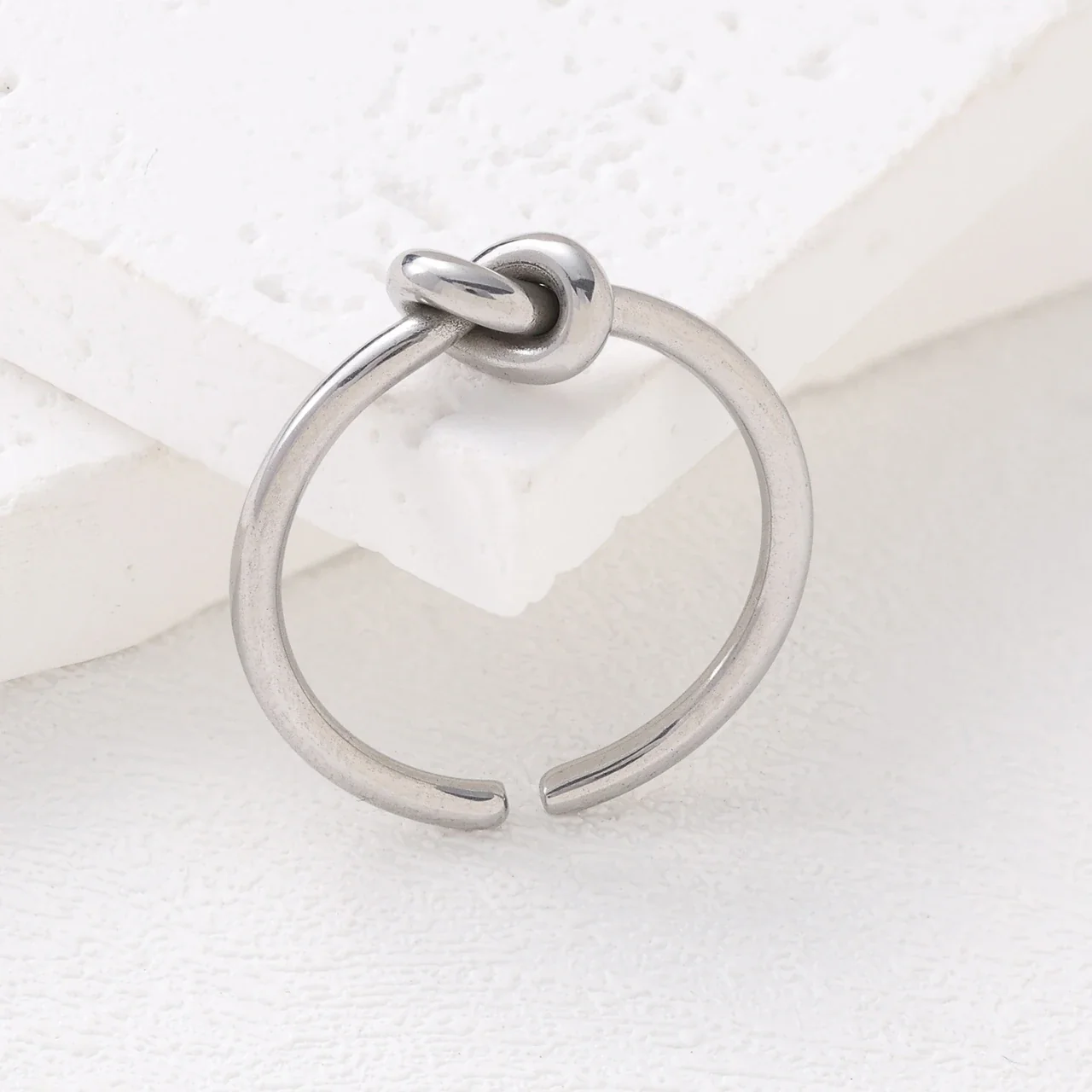 Sculptural Stainless Steel Knot Open-Cuff Jewelry Set - Ring · Silver