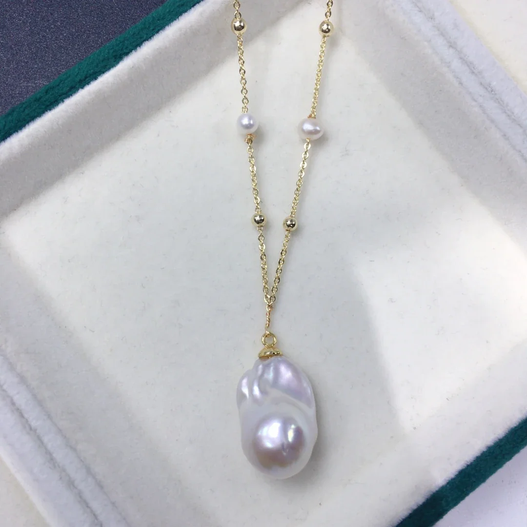 Baroque Drop Pearl Gold-Plated Bead Chain Pendant Necklace