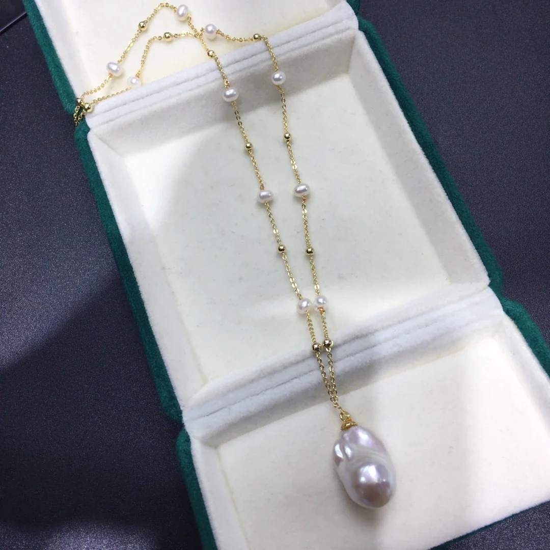 Baroque Drop Pearl Gold-Plated Bead Chain Pendant Necklace