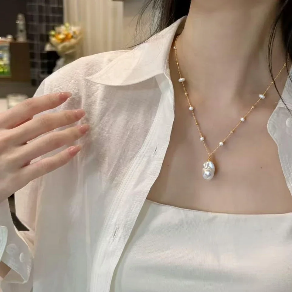 Baroque Drop Pearl Gold-Plated Bead Chain Pendant Necklace