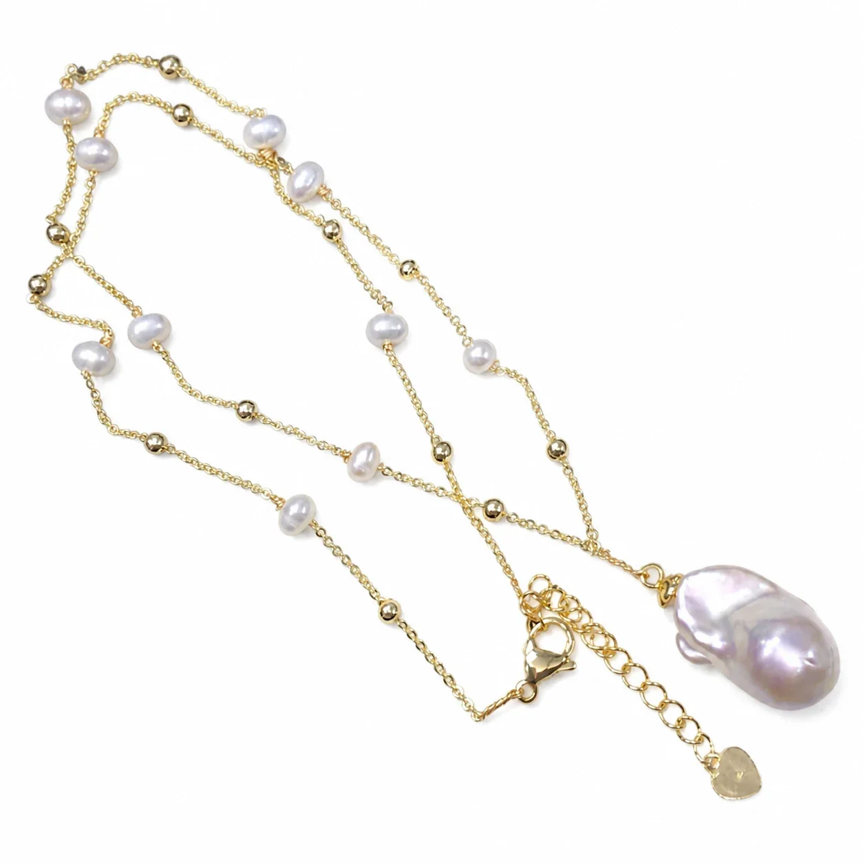 Baroque Drop Pearl Gold-Plated Bead Chain Pendant Necklace