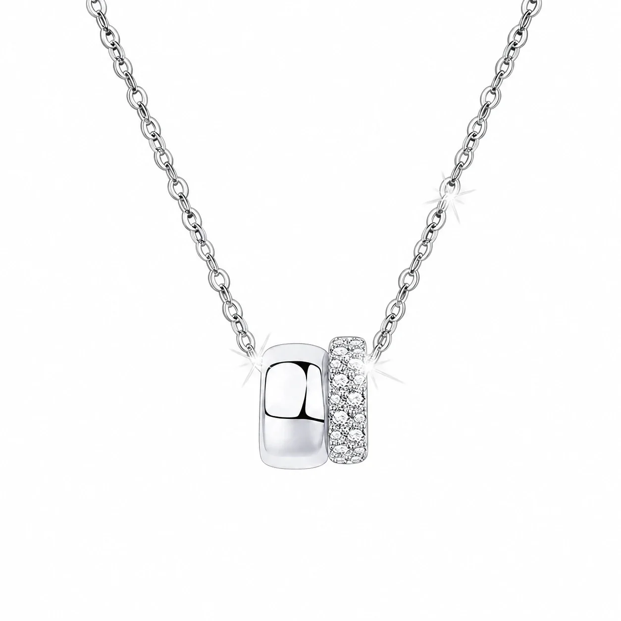 Interlocking Pavé Double-Ring 925 Sterling Silver Necklace