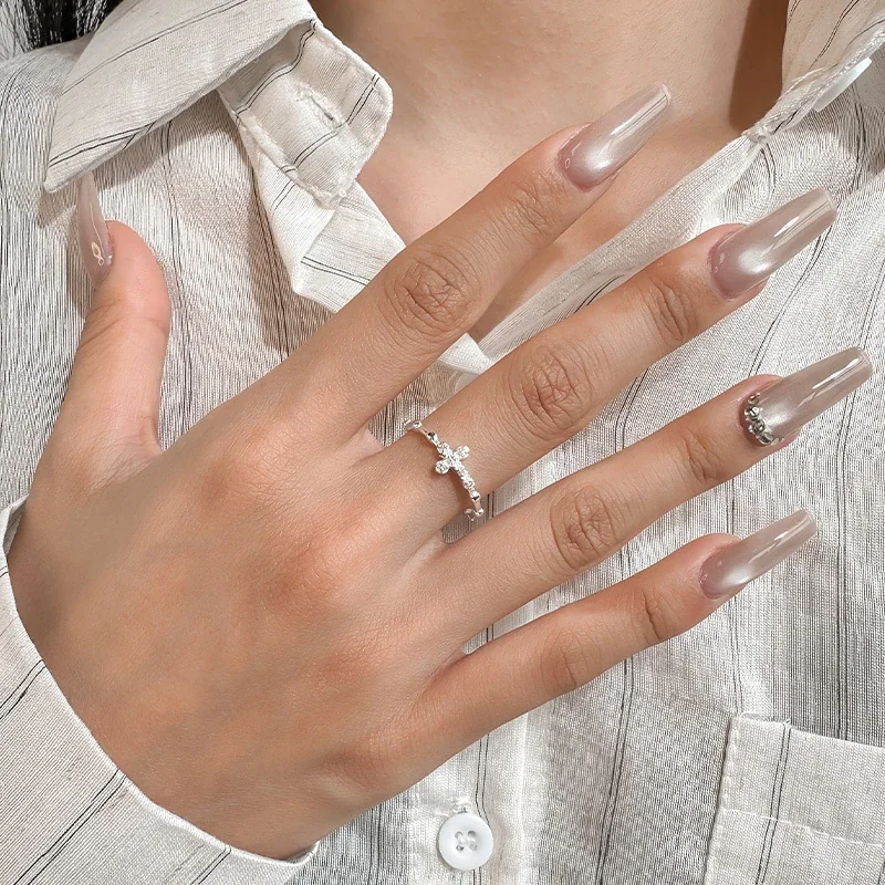 Delicate Crystal Cross & Bead 925 Sterling Silver Open Ring