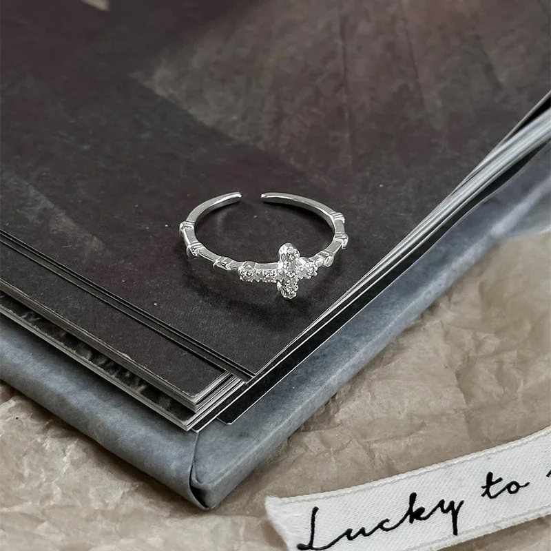 Delicate Crystal Cross & Bead 925 Sterling Silver Open Ring
