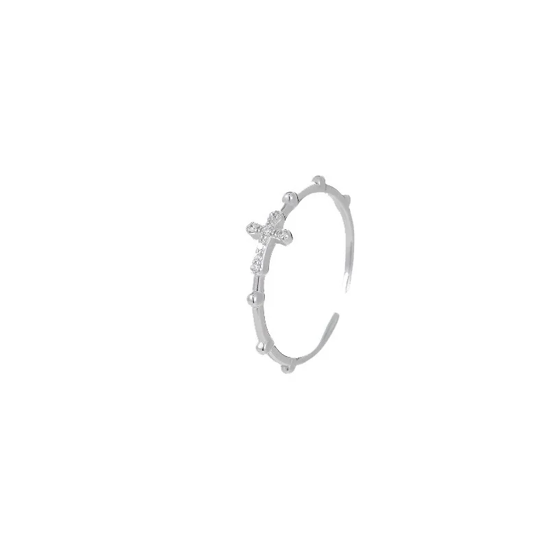 Delicate Crystal Cross & Bead 925 Sterling Silver Open Ring - Silver