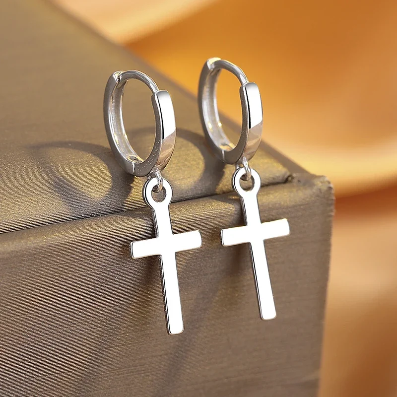 Minimalist 925 Sterling Silver Cross Drop Hoop Earrings