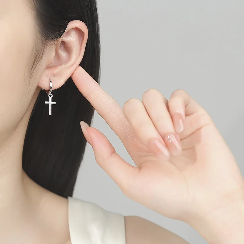 Minimalist 925 Sterling Silver Cross Drop Hoop Earrings
