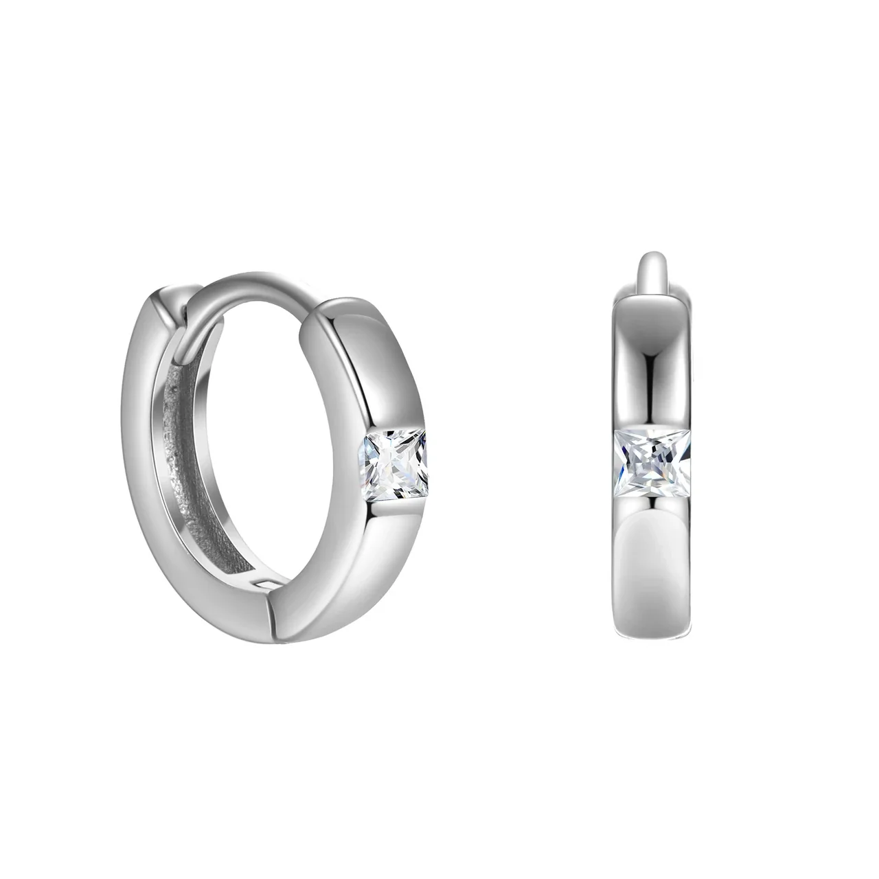 Sculptural 925 Sterling Silver Square Stone Huggie Hoop Earrings