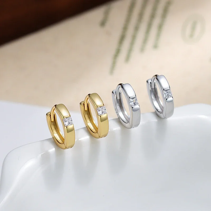Sculptural 925 Sterling Silver Square Crystal Huggie Hoop Earrings