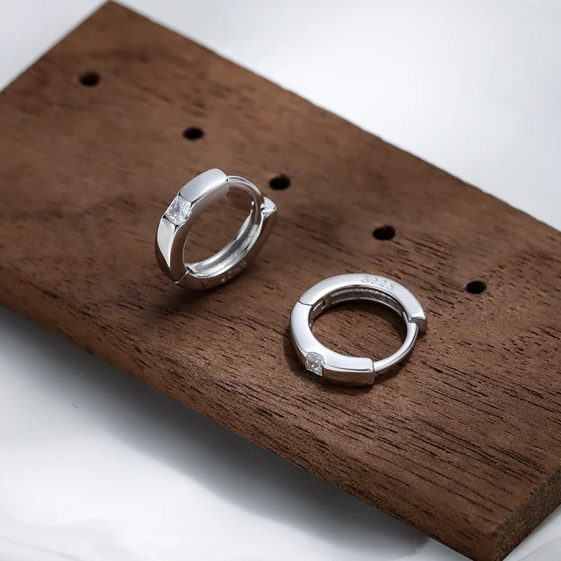 Sculptural 925 Sterling Silver Square Crystal Huggie Hoop Earrings