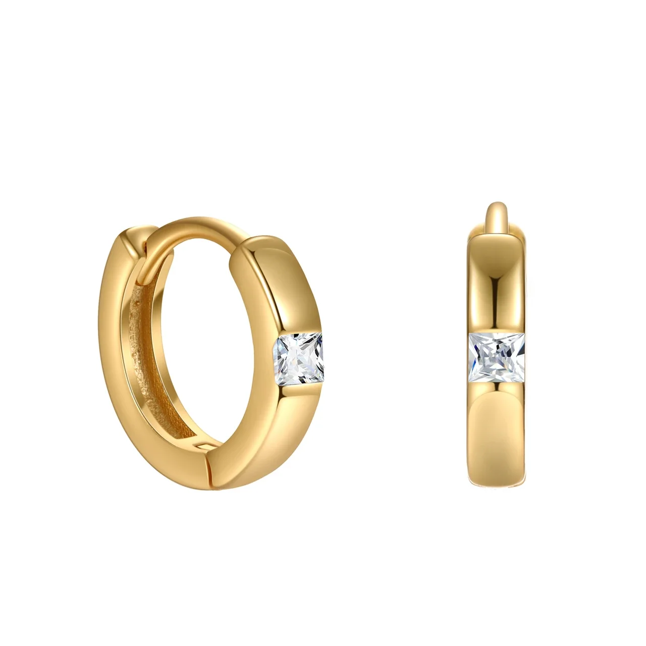 Sculptural 925 Sterling Silver Square Crystal Huggie Hoop Earrings - Gold