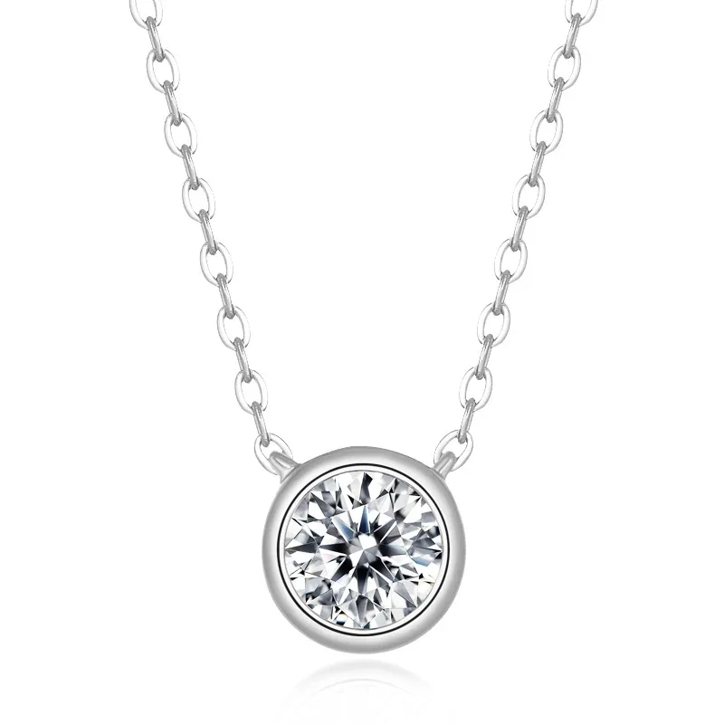Polished 925 Sterling Silver Bezel-Set Round Moissanite Necklace