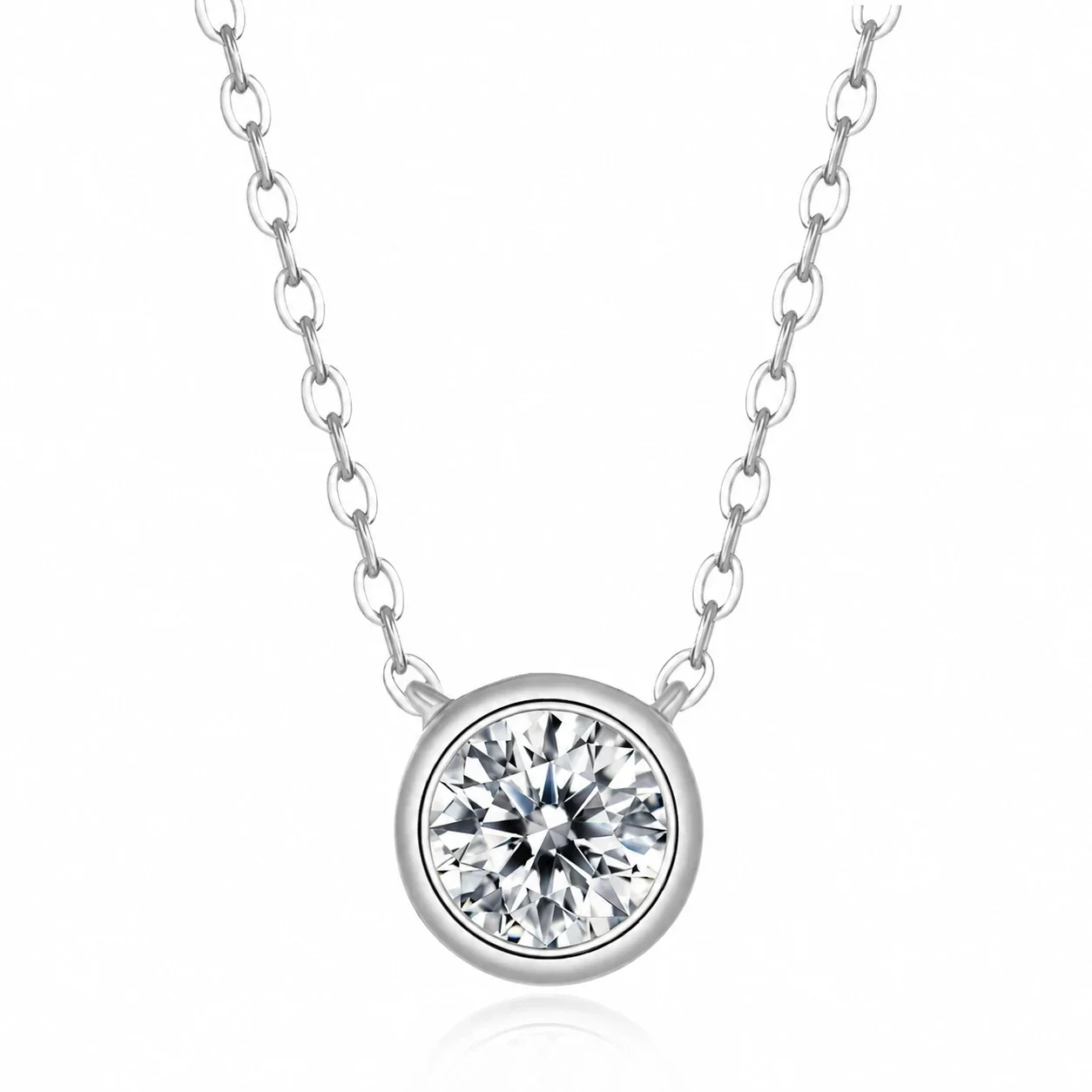 Polished 925 Sterling Silver Bezel-Set Round Necklace - Silver 0.5 ct with certificate