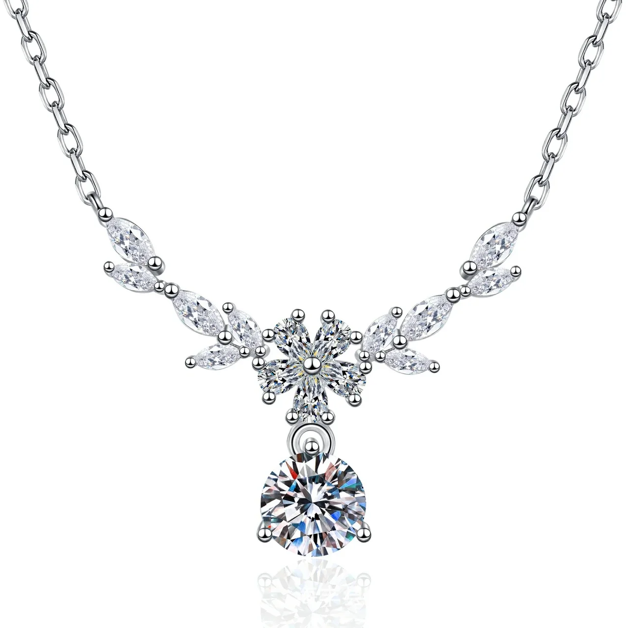 Floral 925 Sterling Silver Marquise Leaf Moissanite Necklace