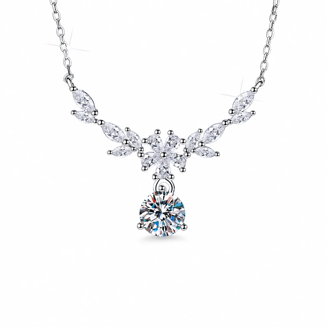 Floral 925 Sterling Silver Marquise Leaf Moissanite Necklace