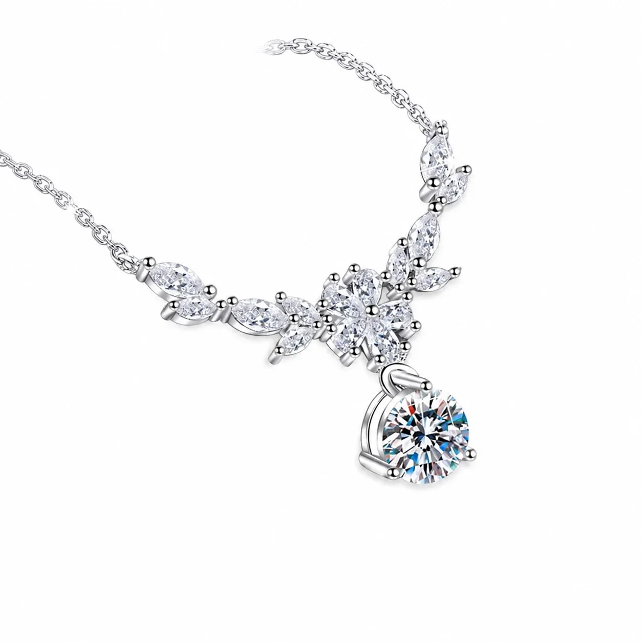 Floral 925 Sterling Silver Marquise Leaf Moissanite Necklace