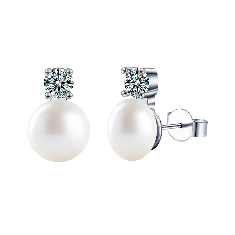 Luminous 925 Sterling Silver Four-Prong Pearl Stud Earrings - 0.6 ct per Pair Moissanite, 8 mm Pearl