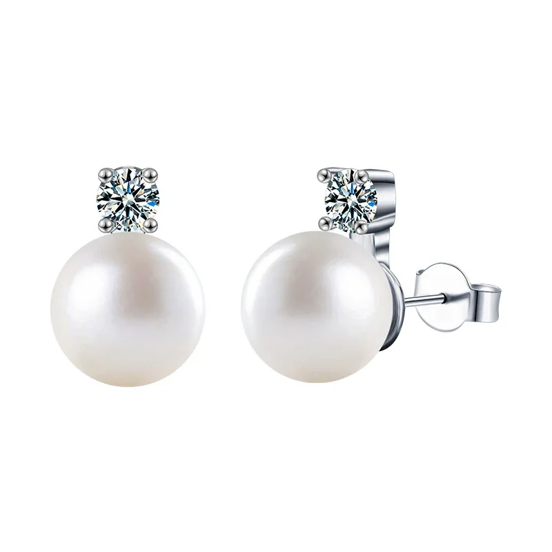 Luminous 925 Sterling Silver Four-Prong Pearl Stud Earrings - 0.6 ct per Pair Moissanite, 10 mm Pearl