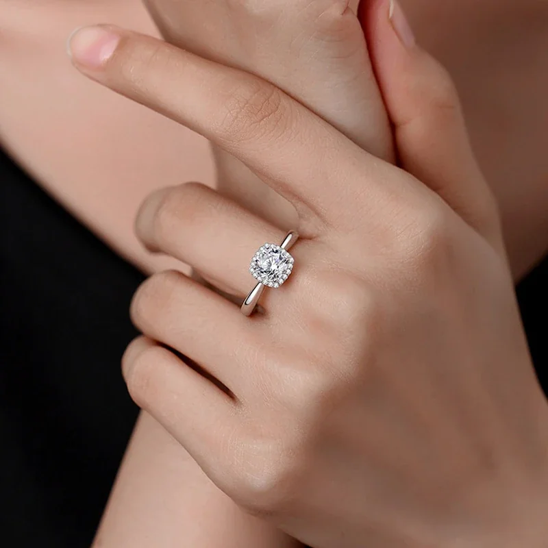 Radiant 925 Sterling Silver Halo Round Moissanite Ring