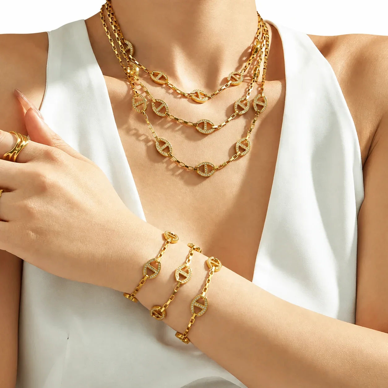 Oval CZ Link 18K Gold-Plated Steel Bracelet
