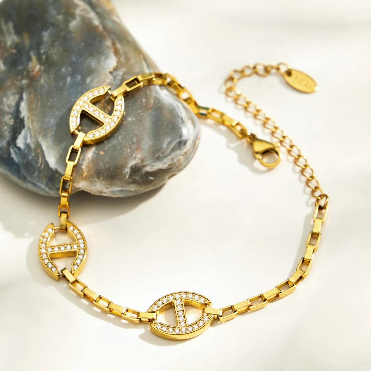 Oval CZ Link 18K Gold-Plated Steel Bracelet