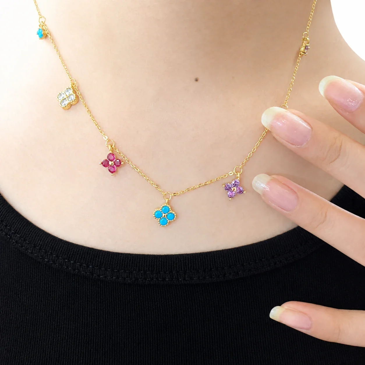 Dainty Gold-Plated Multicolor Clover Charm Copper Necklace