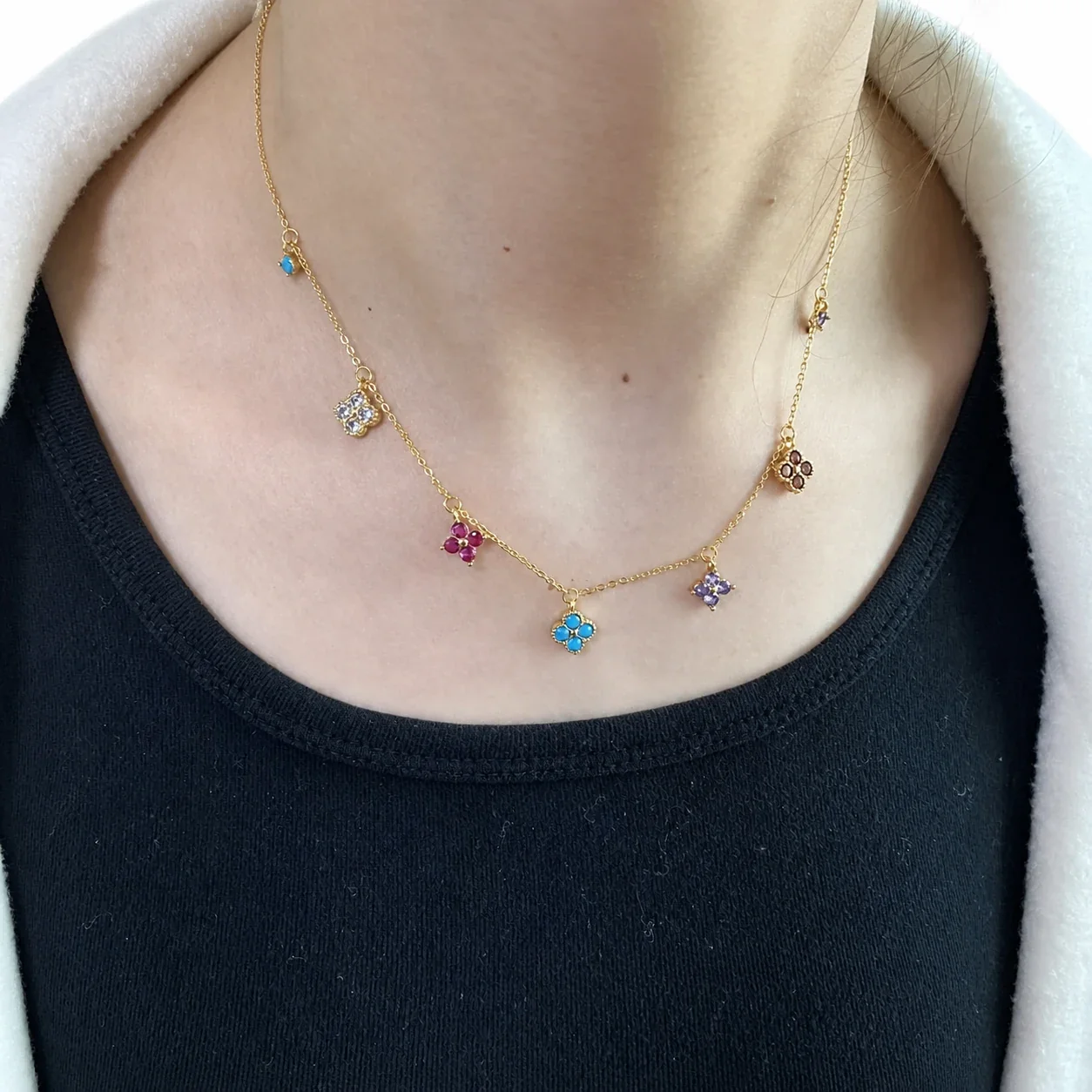 Dainty Gold-Plated Multicolor Clover Charm Copper Necklace