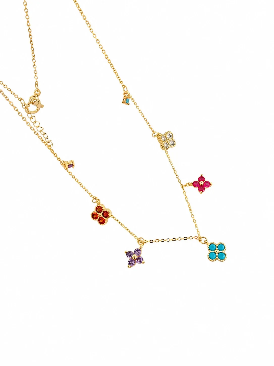 Dainty Gold-Plated Multicolor Clover Charm Copper Necklace - Gold Multicolor Clover