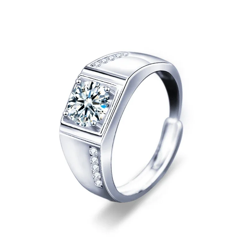 Polished 925 Sterling Silver Round Moissanite Pavé Rings - Men's 1 ct
