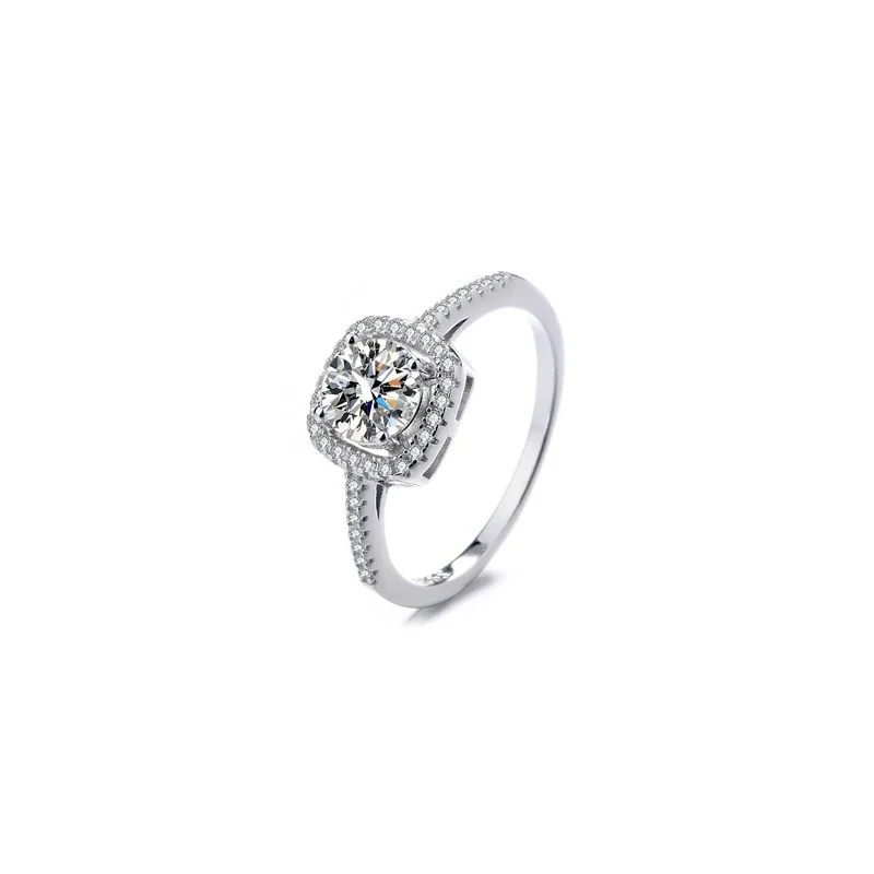 Four-Prong 925 Sterling Silver Round Moissanite Cushion-Halo Ring