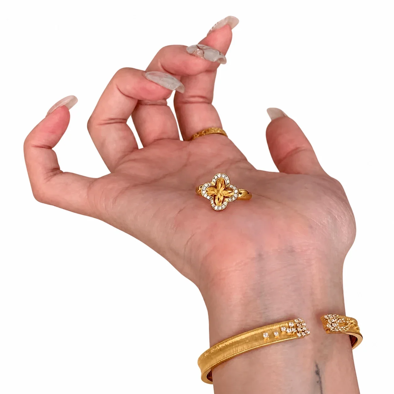 Vintage Four-Leaf Clover Copper Gold-Plated Pavé Ring