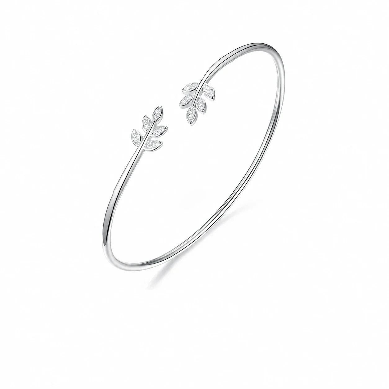 Graceful 925 Sterling Silver Twin Leaf CZ Open Cuff Bangle