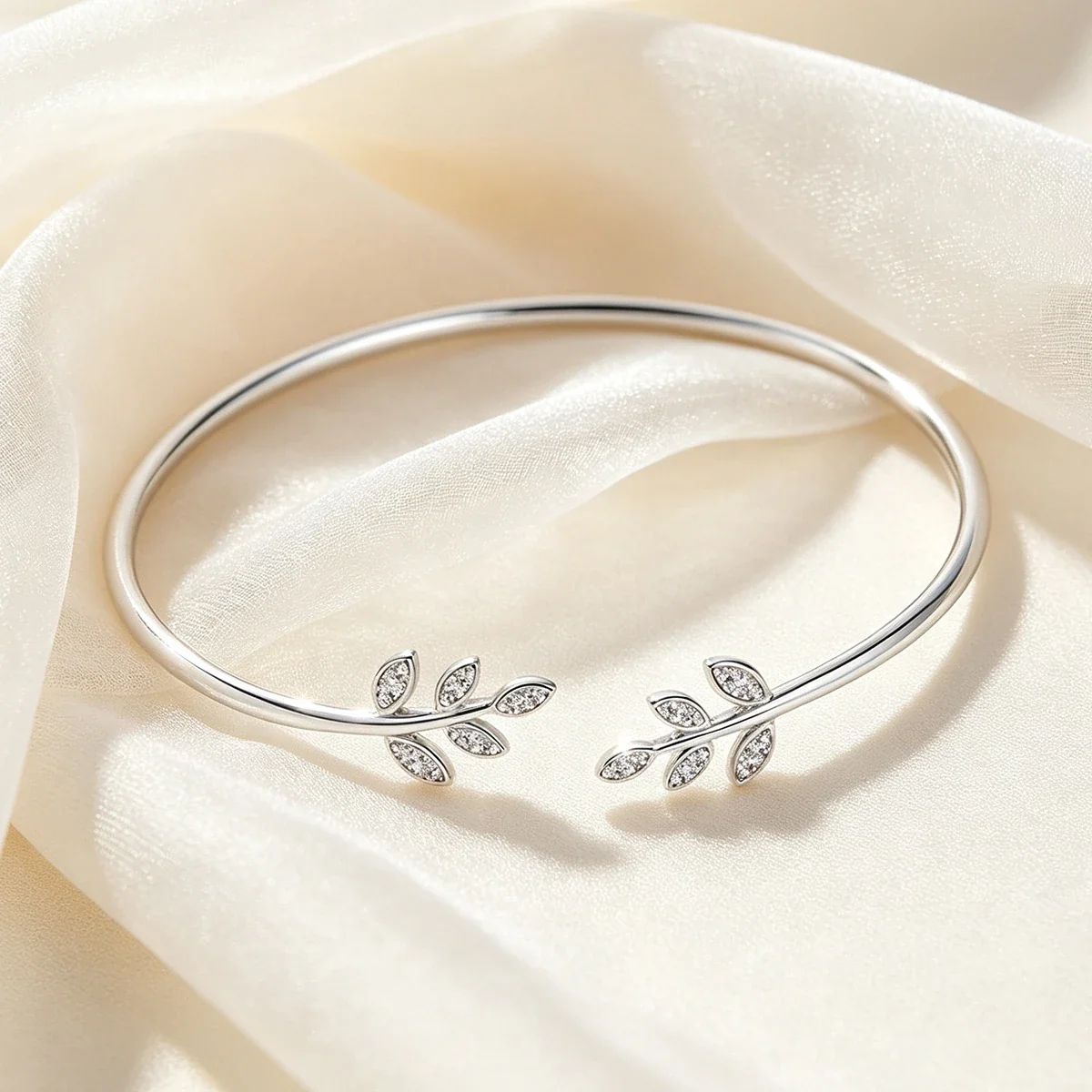Graceful 925 Sterling Silver Twin Leaf CZ Open Cuff Bangle