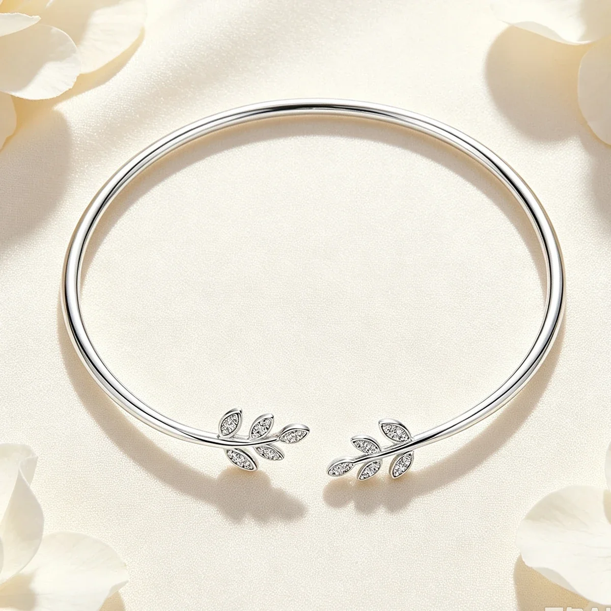 Graceful 925 Sterling Silver Twin Leaf CZ Open Cuff Bangle