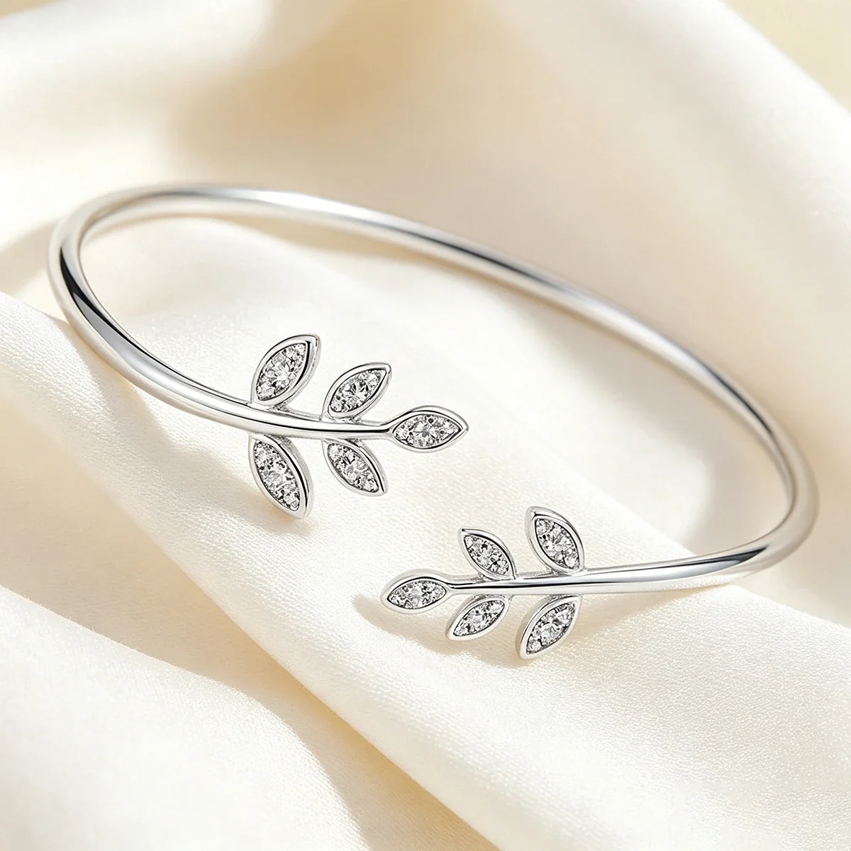 Graceful 925 Sterling Silver Twin Leaf CZ Open Cuff Bangle
