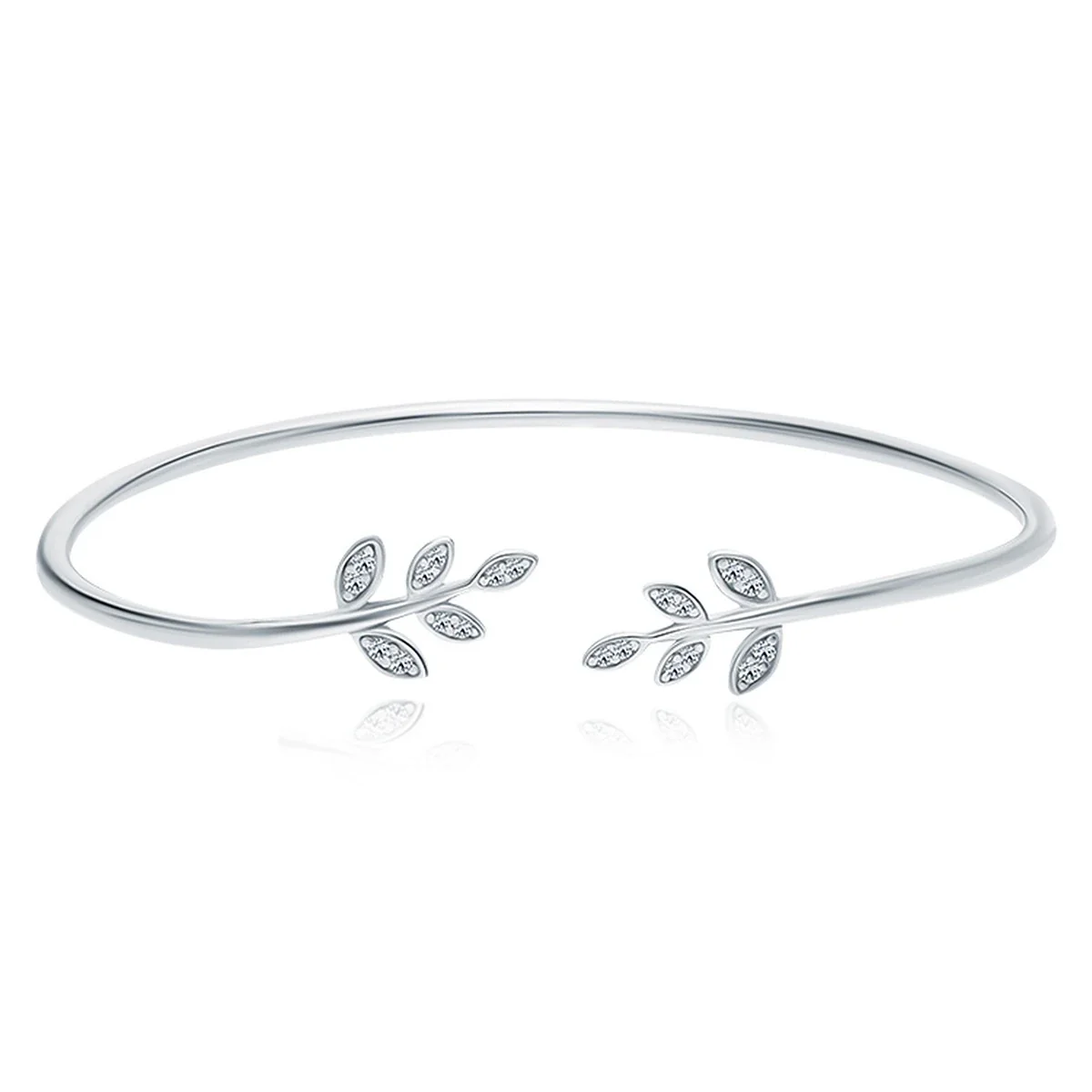 Graceful 925 Sterling Silver Twin Leaf CZ Open Cuff Bangle