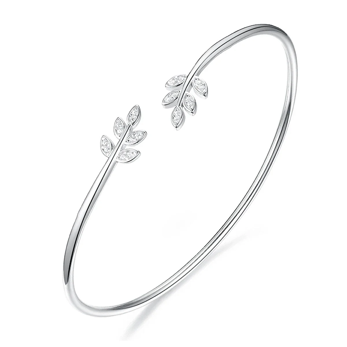 Graceful 925 Sterling Silver Twin Leaf CZ Open Cuff Bangle - 17 cm