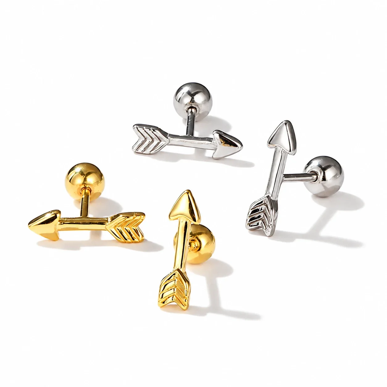 Polished Arrow and Feather 925 Sterling Silver Stud Earrings
