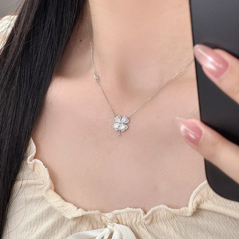 Sparkling Pavé Clover 925 Sterling Silver Necklace