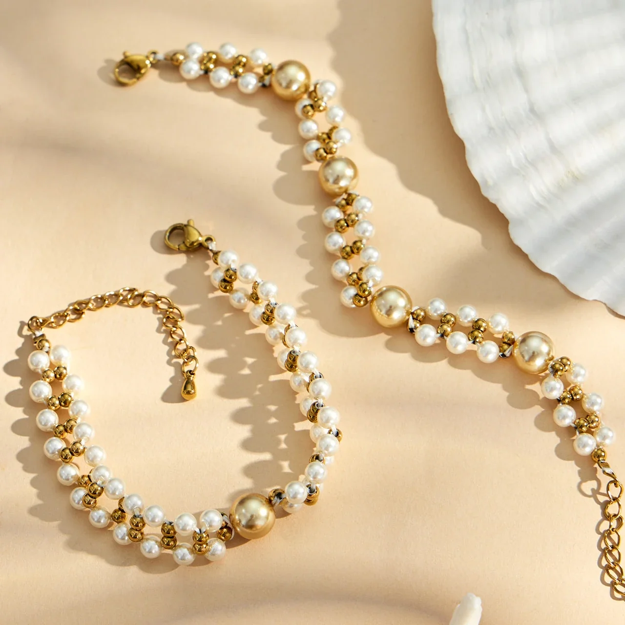 Lustrous Double-Row Shell Pearl 18K Gold-Plated Bracelet