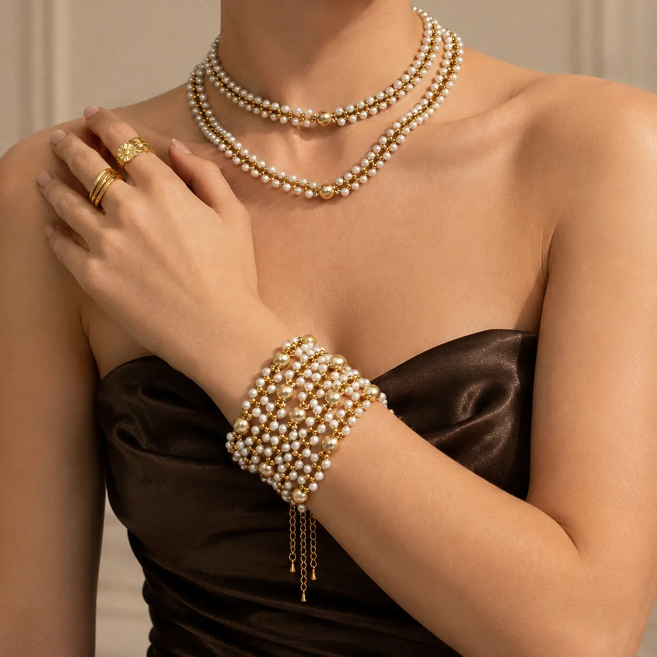 Lustrous Double-Row Shell Pearl 18K Gold-Plated Bracelet