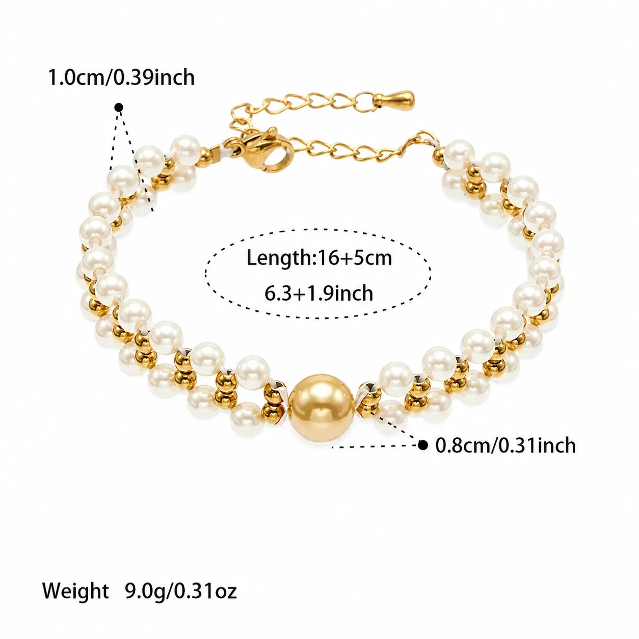 Lustrous Double-Row Shell Pearl 18K Gold-Plated Bracelet - Gold A 16+5 cm