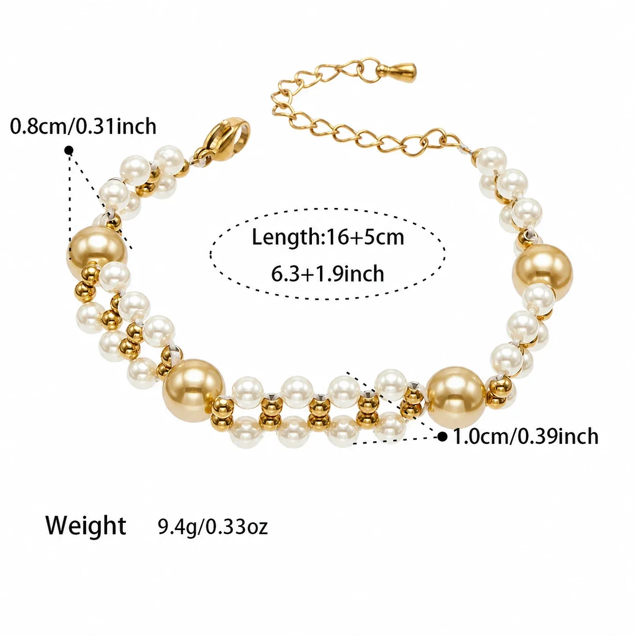 Lustrous Double-Row Shell Pearl 18K Gold-Plated Bracelet - Gold B 16+5 cm
